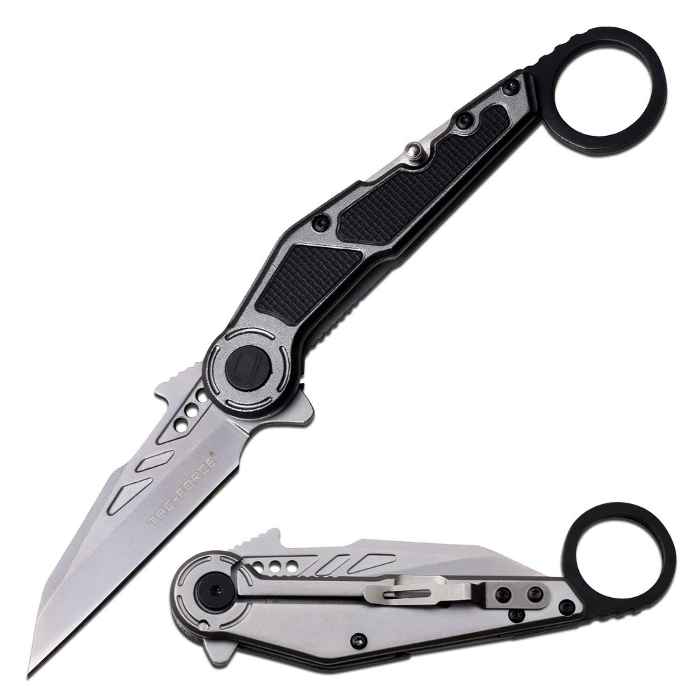 Tac-Force Folding Pocket Knife Bead Blast Stainless Steel Blade, Silver Aluminum Handle w/Black Rubber Inlay, Flip Out Rope Cutter and Pocket Clip, EDC, Rescue - TF-1041GY