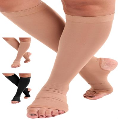 Plus Size Compression Socks for Women and Men 20-30mmHg - Opaque Compression Stockings with Open Heel and Open Toe for Swelling, Post Surgery, Blood Clots - Beige, 5X-Large- A911BE