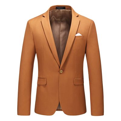 Maiyifu-GJ Men's Slim Fit Double Breasted Jacket Slim Fit Business Daily Prom Blazer Peak Lapel Groom Wedding Party Suit Coat (Caramel,Large)
