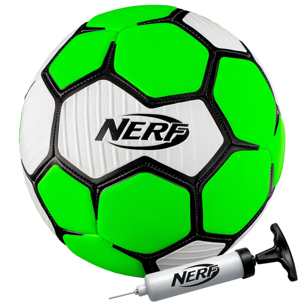 Nerf Proshot Kids Soccer Ball - Size 4 Indoor + Outdoor Youth Soccer Ball + Air Pump Set - Official Size 5 Soft Cover for Boys + Girls - Pump + Inflation Needle Included - Green/White