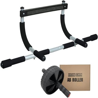 Iron Gym Pull-Up Bar & Ab Roller - Total Upper Body Workout Bar for Doorway, Adjustable Width Locking, Portable Door Frame Horizontal Chin-up Bar, for Fitness and Exercise, Silver (IRONGYMPLUSAR)