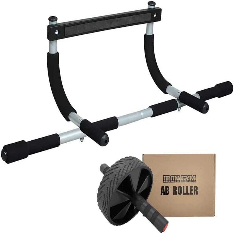 Iron Gym Pull-Up Bar & Ab Roller - Total Upper Body Workout Bar for Doorway, Adjustable Width Locking, Portable Door Frame Horizontal Chin-up Bar, for Fitness and Exercise, Silver (IRONGYMPLUSAR)
