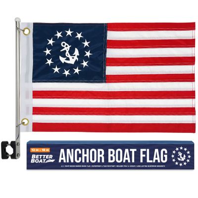 Anchor Boat Flag Pole Kit, 12" x 18" US Yacht Ensign, Double-Sided Marine Grade, Pontoon, Sailboat, or Ski Rail Mount Holder