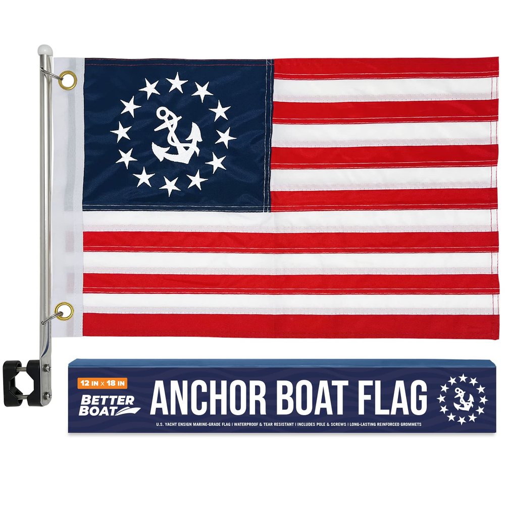 Anchor Boat Flag Pole Kit, 12" x 18" US Yacht Ensign, Double-Sided Marine Grade, Pontoon, Sailboat, or Ski Rail Mount Holder