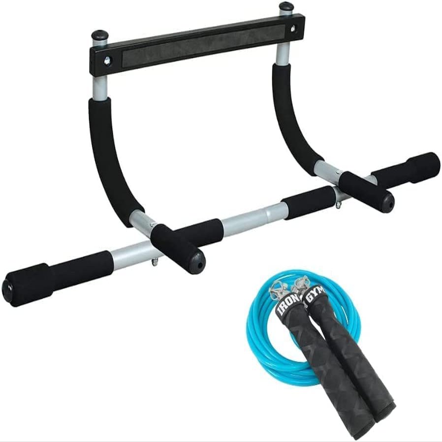 Iron Gym Pull-Up Bar & Jump Rope - Total Upper Body Workout Bar for Doorway, Adjustable Width Locking, Portable Door Frame Horizontal Chin-up Bar, for Fitness and Exercise, Silver