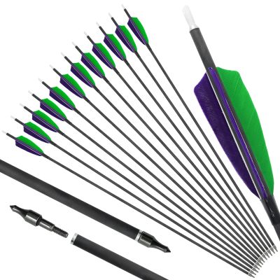 OBTOUTDOOR 12Pack Archery Arrows Spine 500 Pure Carbon Arrows 28-31inch Real Feather Arrows with Removable Tips for Compound Recurve Bow Hunting Shooting Target (31Inch)
