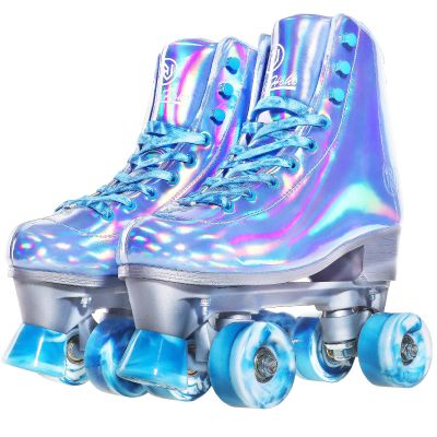JajaHoho Roller Skates for Women, Shiny Holographic High Top Rollerskates, Mixture Color Double-Row Four Colour Frozen Wheels Quad Skates for Girls Age 8-51 Indoor Outdoor (Very Peri Blue, Size 8)