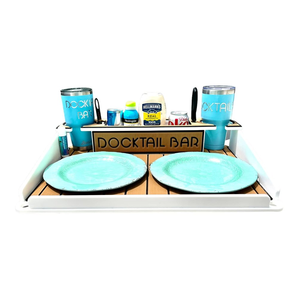 Docktail Bar Utility Boat Table - Pontoon Rail Mount | Boat Caddy Organizer, Portable Boat Table and Boat Bar, Pontoon Tables for Boats with Cup Holders, Boat Storage Accessories