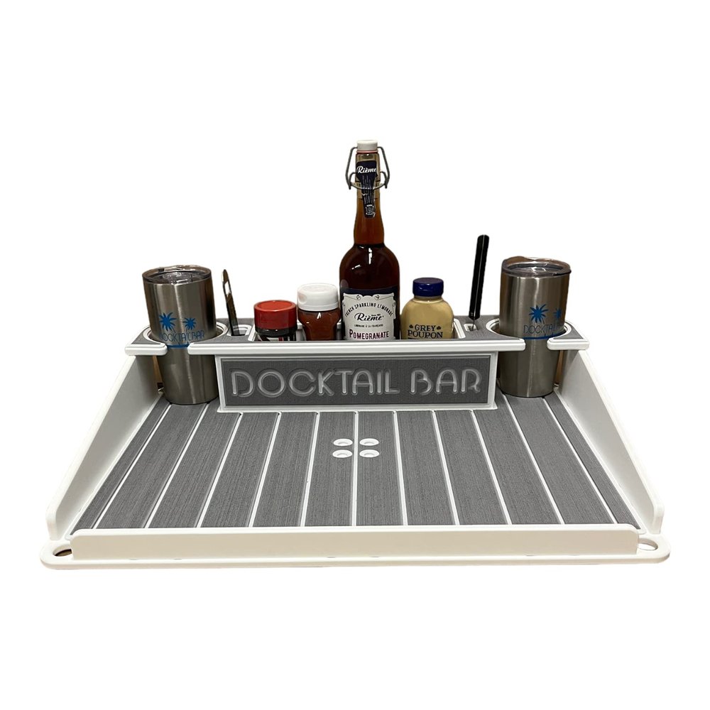 Docktail Bar Utility Boat Table - Pontoon Rail Mount | Boat Caddy Organizer, Portable Boat Table and Boat Bar, Pontoon Tables for Boats with Cup Holders, Boat Storage Accessories