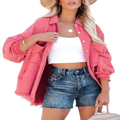 happlan Women's Distressed Loose Lapel Casual Raw Hem Ripped Denim Jean Jacket(0350-EWatermelonRed-S)