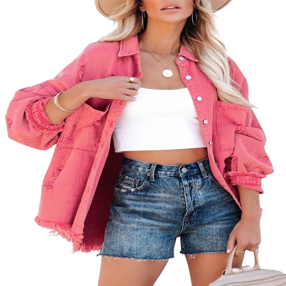 happlan Women's Distressed Loose Lapel Casual Raw Hem Ripped Denim Jean Jacket(0350-EWatermelonRed-S)