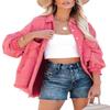 happlan Women's Distressed Loose Lapel Casual Raw Hem Ripped Denim Jean Jacket(0350-EWatermelonRed-S) view 1