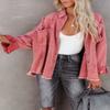 happlan Women's Distressed Loose Lapel Casual Raw Hem Ripped Denim Jean Jacket(0350-EWatermelonRed-S) view 2