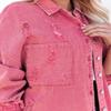happlan Women's Distressed Loose Lapel Casual Raw Hem Ripped Denim Jean Jacket(0350-EWatermelonRed-S) view 4