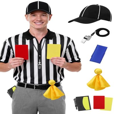 SOMSOC 6 Pcs Referee Shirt, Men Women Zipper Collar Ref Shirt Card Hat Whistle Penalty Flag Sandbag Rugby for Football Soccer