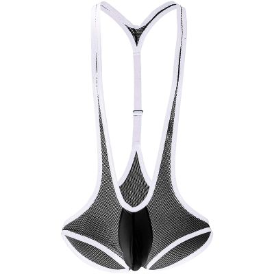 JEsilunmaMY Stretch Mesh Bodysuit for Men Wrestling Singlet Leotard Breathable Underwear Low Rise Briefs Suspender Jumpsuit (Black,One Size)