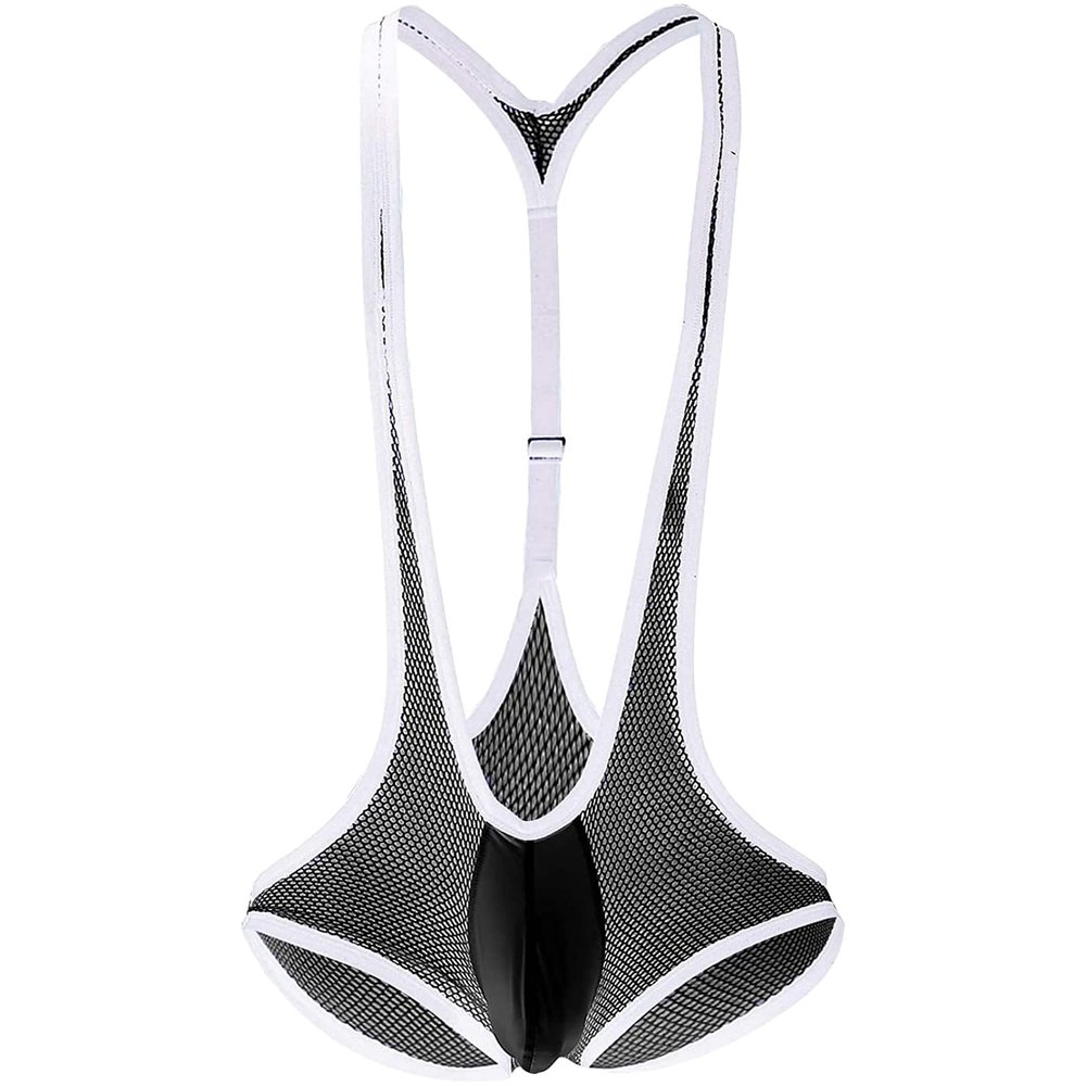 JEsilunmaMY Stretch Mesh Bodysuit for Men Wrestling Singlet Leotard Breathable Underwear Low Rise Briefs Suspender Jumpsuit (Black,One Size)