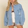 happlan Women's Distressed Loose Lapel Casual Raw Hem Ripped Denim Jean Jacket(0350-ELightBlue-L) view 4
