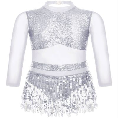 Agoky Kids Girls Sequins Tassel Ballet Latin Dance Dress Long Sleeve Hollow Back Jazz Salsa Rumba Samba Belly Dance Costume Silver 10 Years