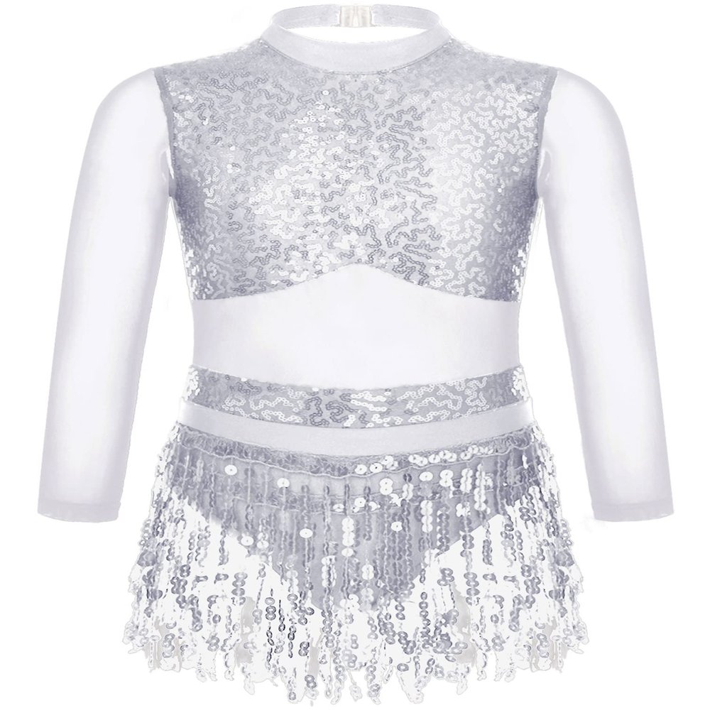 Agoky Kids Girls Sequins Tassel Ballet Latin Dance Dress Long Sleeve Hollow Back Jazz Salsa Rumba Samba Belly Dance Costume Silver 10 Years