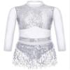 Agoky Kids Girls Sequins Tassel Ballet Latin Dance Dress Long Sleeve Hollow Back Jazz Salsa Rumba Samba Belly Dance Costume Silver 10 Years view 1