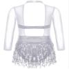 Agoky Kids Girls Sequins Tassel Ballet Latin Dance Dress Long Sleeve Hollow Back Jazz Salsa Rumba Samba Belly Dance Costume Silver 10 Years view 2