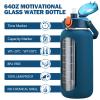 kytffu 64oz Glass Water Bottles with Straw, Half Gallon Motivational Glass Bottle with Silicone Sleeve and Time Marker, 2L Leakproof Large Glass Water Jug for Gym Home Office,Blue view 2