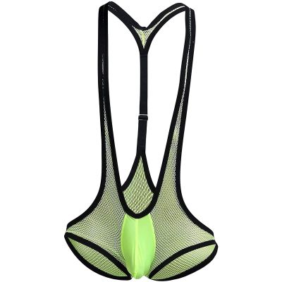 JEsilunmaMY Stretch Mesh Bodysuit for Men Wrestling Singlet Leotard Breathable Underwear Low Rise Briefs Suspender Jumpsuit (Green,One Size)