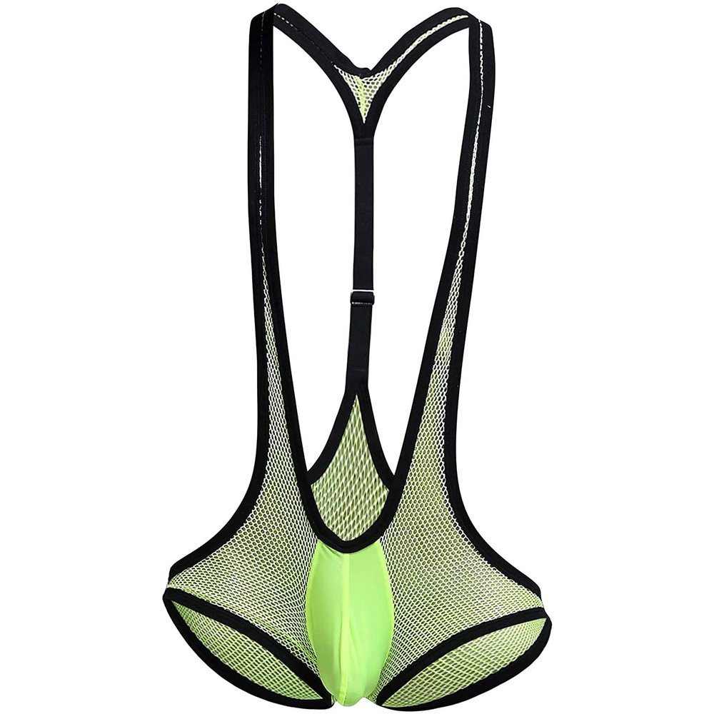 JEsilunmaMY Stretch Mesh Bodysuit for Men Wrestling Singlet Leotard Breathable Underwear Low Rise Briefs Suspender Jumpsuit (Green,One Size)