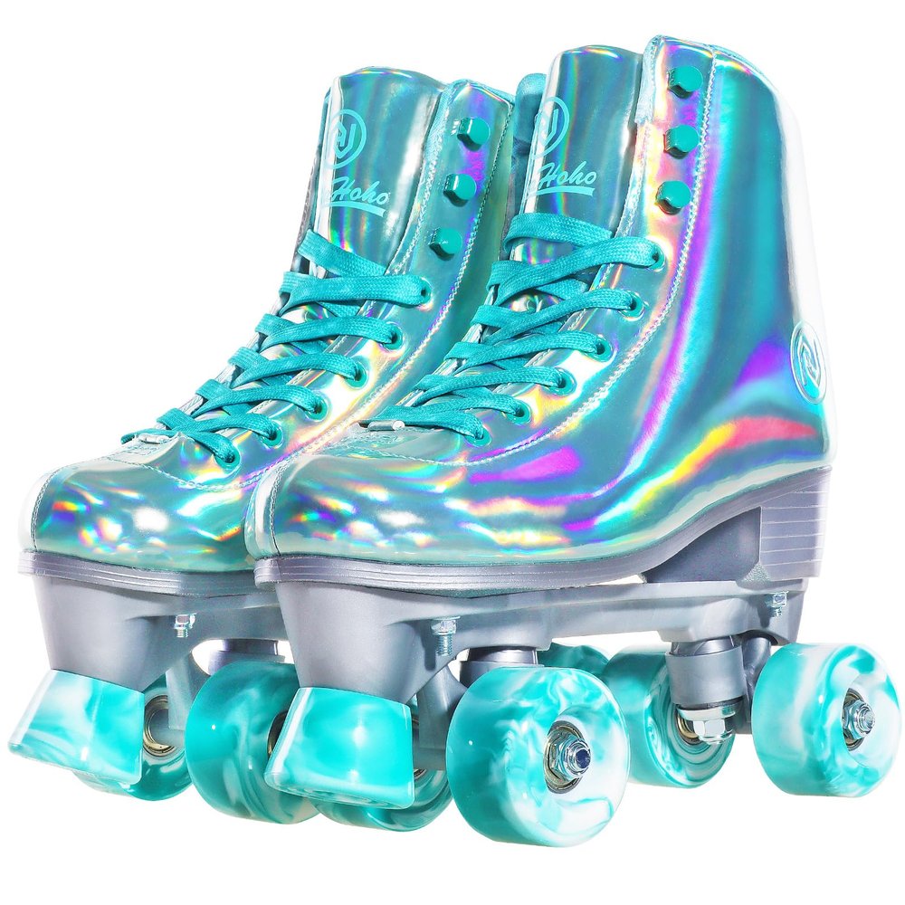 JajaHoho Roller Skates for Women, Shiny Holographic High Top Rollerskates, Double-Row Four Mixture Gradient Wheels Quad Skates for Girls Age 8-50 Indoor Outdoor (Size 5, Mint Green)