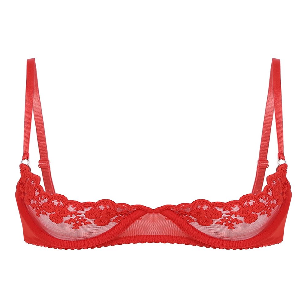 Alvivi Womens Sheer Floral Lace Underwired Bra Sexy Half Cup Unlined Brassiere Lingerie Underwear Red X-Large