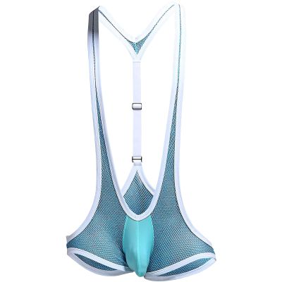 JEsilunmaMY Stretch Mesh Bodysuit for Men Wrestling Singlet Leotard Breathable Underwear Low Rise Briefs Suspender Jumpsuit (Blue,One Size)