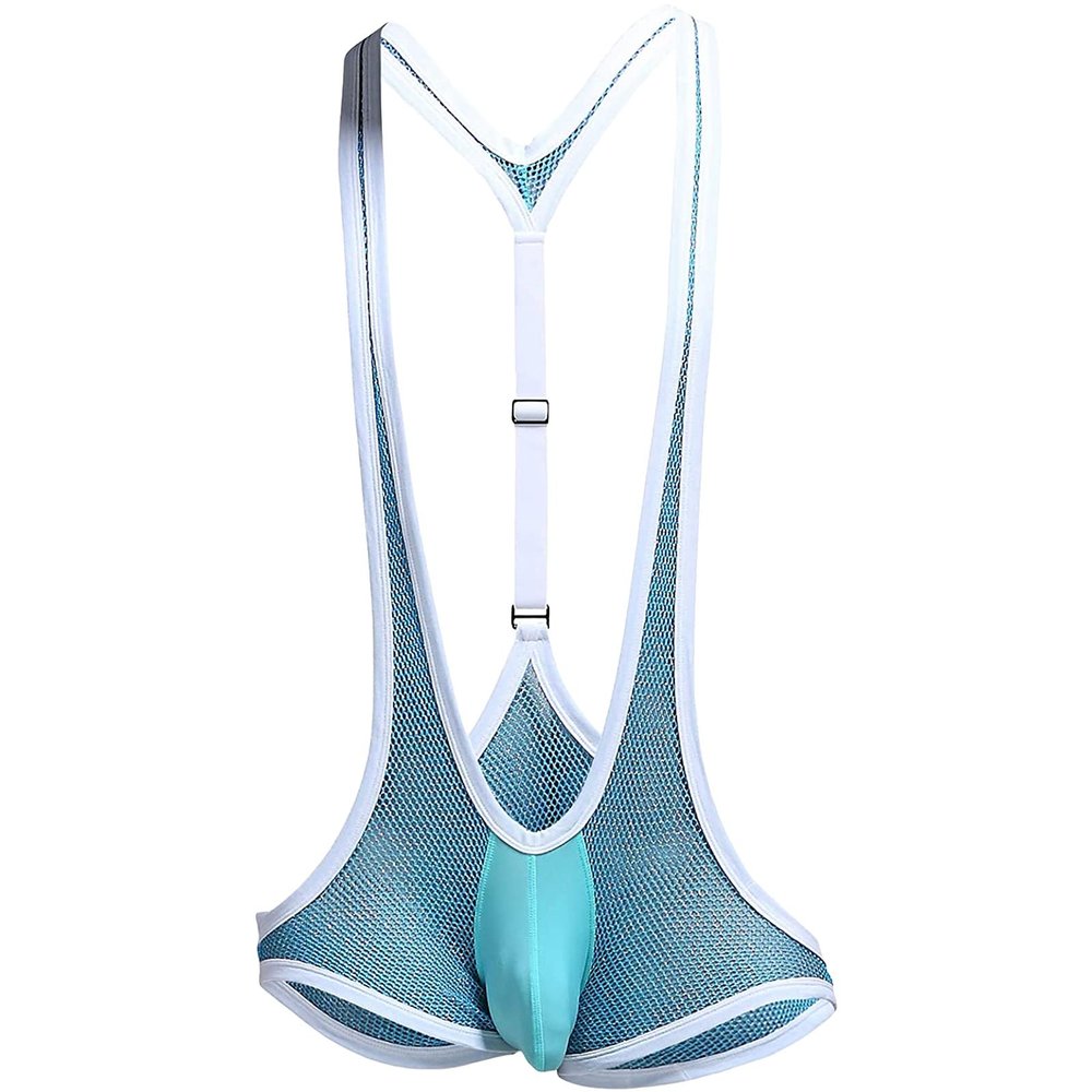 JEsilunmaMY Stretch Mesh Bodysuit for Men Wrestling Singlet Leotard Breathable Underwear Low Rise Briefs Suspender Jumpsuit (Blue,One Size)