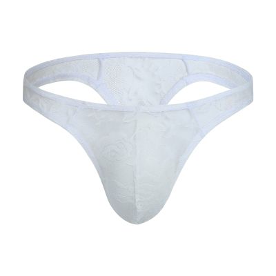 JEsilunmaMY Men's Lace Sissy Thong Low Rise Bulge Lingerie Breathable Underwear See Through Bikini Underpants Sexy Panties (White,Large)
