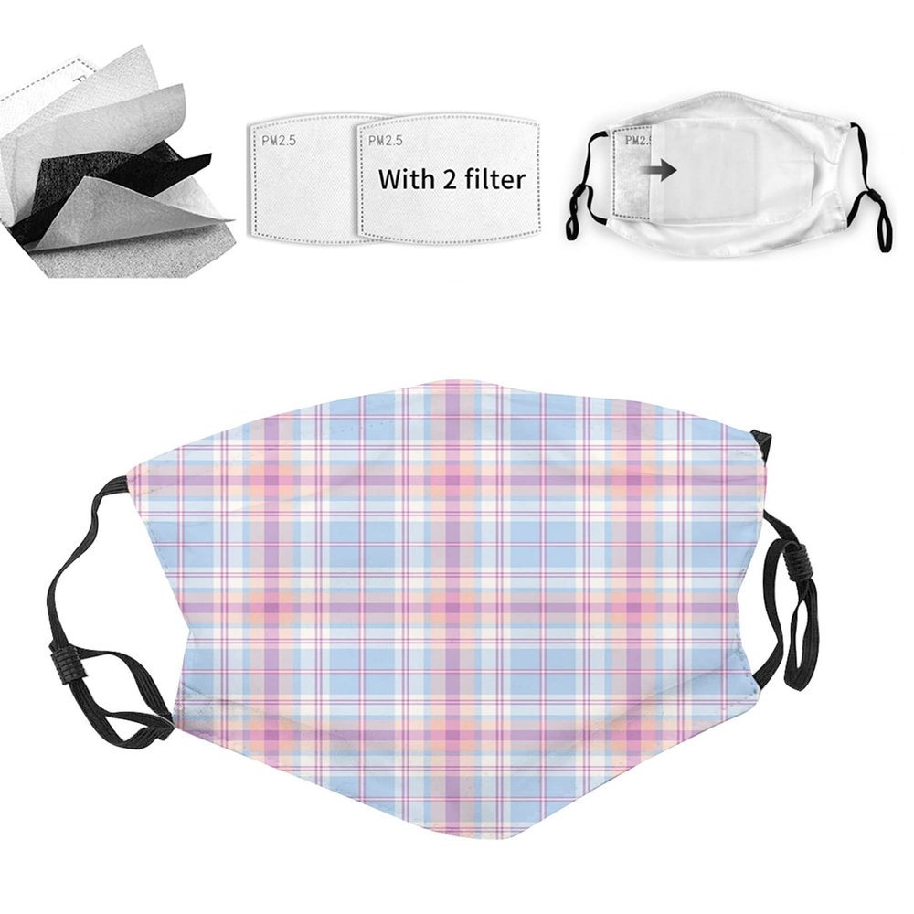 VeJerKK Pastel Face Mask Balaclava Windproof Men's Women's,Retro Classical Geometric Striped Plaid,Dustproof Mouth Cover With Filter Pocket Adjustable Elastic Strap,Fuchsia Salmon Pale Blue