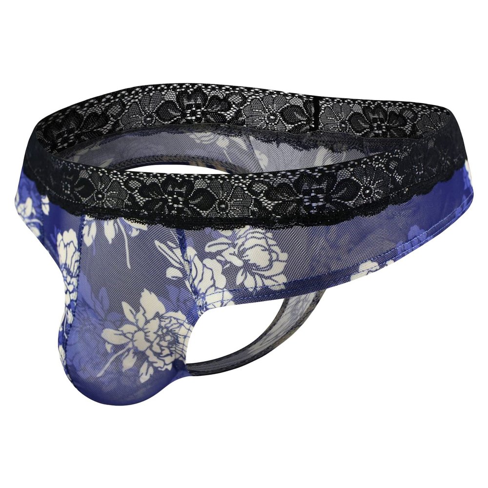 JEsilunmaMY Mens Floral Lace Jockstrap Low Rise Mesh Sheer Bulge T-Back Underwear See Through Athletic Supporter Underpants (Blue,Medium)