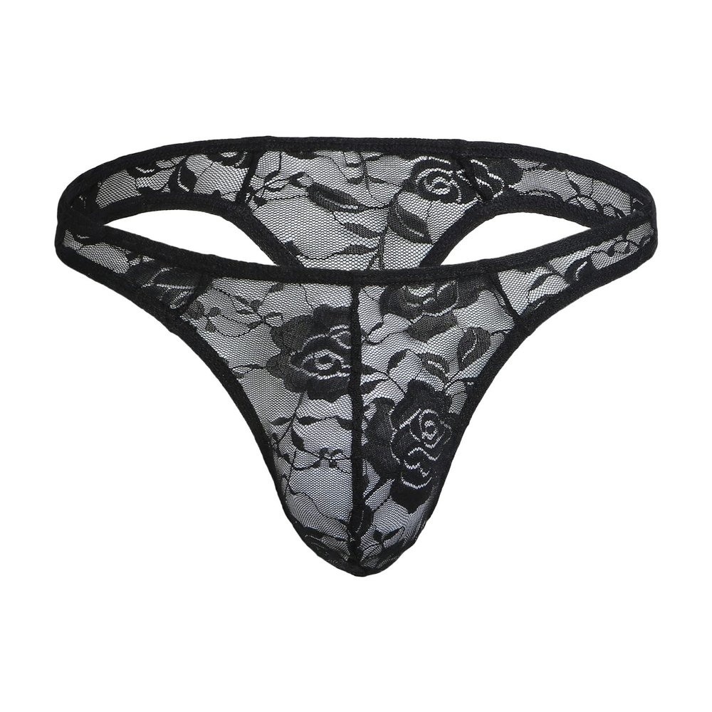Men's Lace Sissy Thong Low Rise Bulge Lingerie Breathable Underwear See Through Bikini Underpants Sexy Panties (Black,Large)