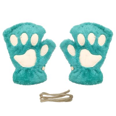 Magik Cat Claw Bear Paw Gloves Women Warm Plush Faux Fur Cosplay Fingerless Mittens (2 Pairs, Peacock Blue)
