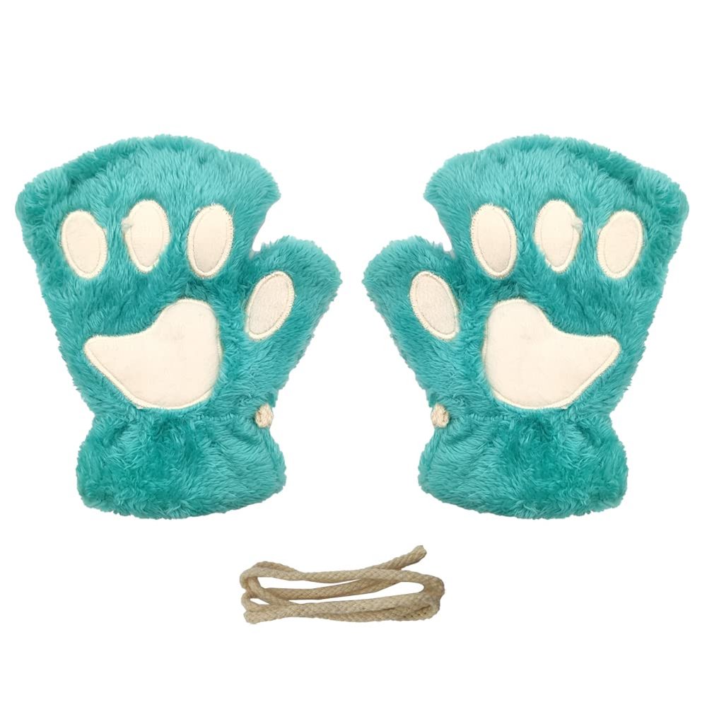 Magik Cat Claw Bear Paw Gloves Women Warm Plush Faux Fur Cosplay Fingerless Mittens (2 Pairs, Peacock Blue)