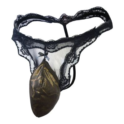 JEsilunmaMY Mens Lace Printed Sissy Thong Low Rise Big Bulge Pouch T-Back G-Strings See Through Breathable Panties Underwear (Brown,One Size)