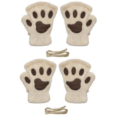 Magik Cat Claw Bear Paw Gloves Women Warm Plush Faux Fur Cosplay Fingerless Mittens (2 Pairs, Beige)