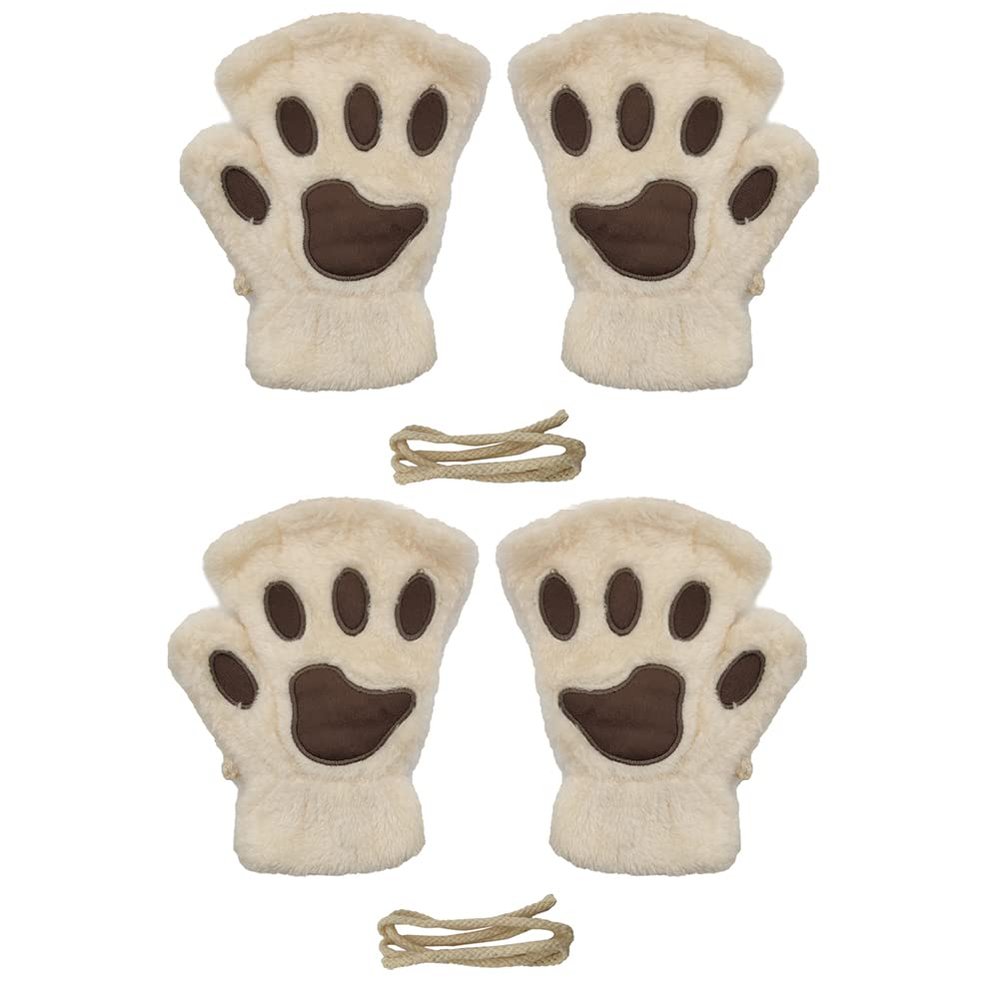Magik Cat Claw Bear Paw Gloves Women Warm Plush Faux Fur Cosplay Fingerless Mittens (2 Pairs, Beige)