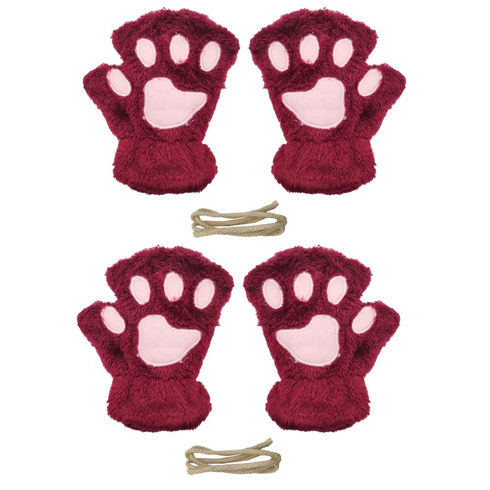 Magik Cat Claw Bear Paw Gloves Women Warm Plush Faux Fur Cosplay Fingerless Mittens (2 Pairs, Burgundy)