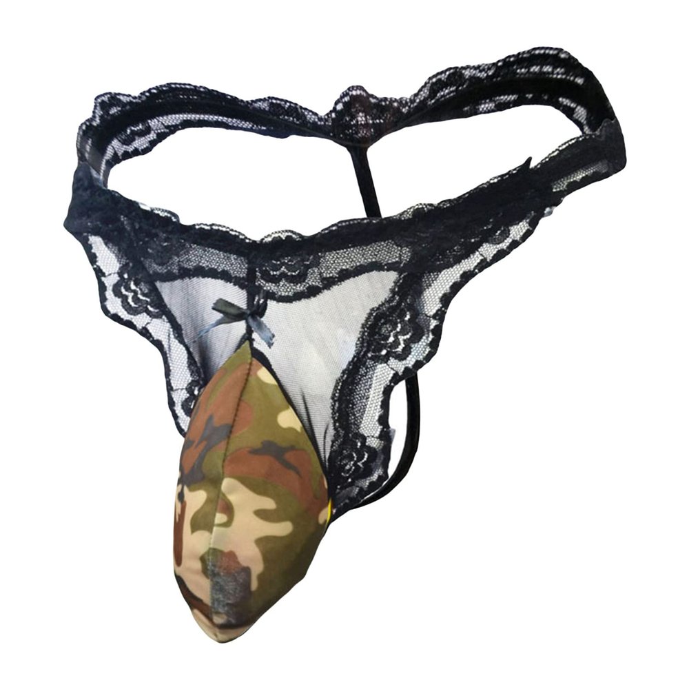 JEsilunmaMY Mens Lace Printed Sissy Thong Low Rise Big Bulge Pouch T-Back G-Strings See Through Breathable Panties Underwear (ArmyGreen,One Size)