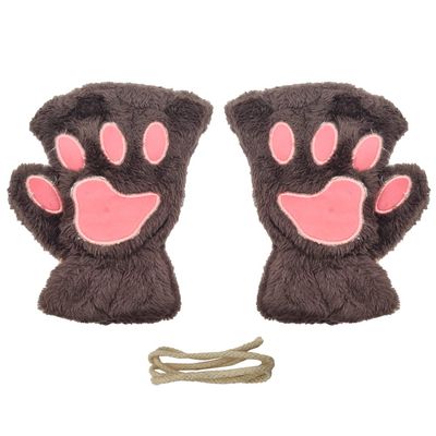 Magik Cat Claw Bear Paw Gloves Women Warm Plush Faux Fur Cosplay Fingerless Mittens (2 Pairs, Dark Coffee)