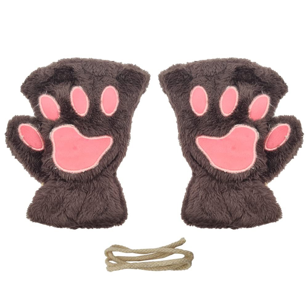 Magik Cat Claw Bear Paw Gloves Women Warm Plush Faux Fur Cosplay Fingerless Mittens (2 Pairs, Dark Coffee)