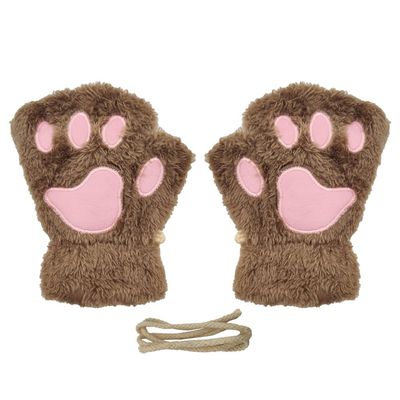 Magik Cat Claw Bear Paw Gloves Women Warm Plush Faux Fur Cosplay Fingerless Mittens (2 Pairs, Khaki)