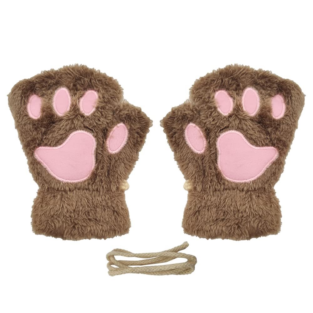 Magik Cat Claw Bear Paw Gloves Women Warm Plush Faux Fur Cosplay Fingerless Mittens (2 Pairs, Khaki)