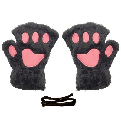 Magik Cat Claw Bear Paw Gloves Women Warm Plush Faux Fur Cosplay Fingerless Mittens (2 Pairs, Black)