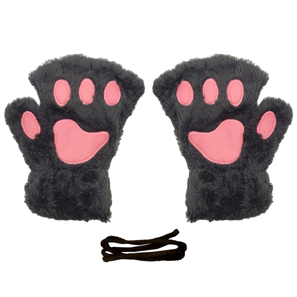 Magik Cat Claw Bear Paw Gloves Women Warm Plush Faux Fur Cosplay Fingerless Mittens (2 Pairs, Black)